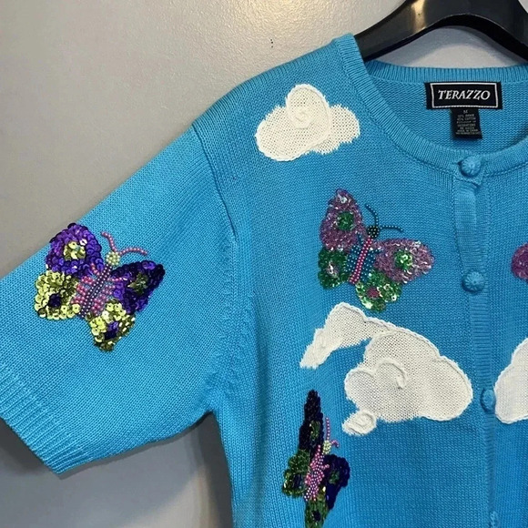 TERAZZO Women’s Vintage Fully Embellished S/S Sweater MED 55% Ramie 45% Cotton - Picture 3 of 8